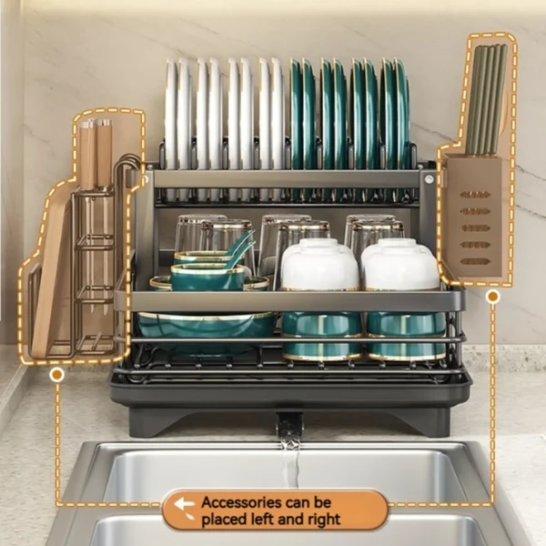 Double-layer Kitchen Dish Bowl Drying Rack with Drainboard Countertop Dinnerware Organizer Chopsticks Chopping Basket Drain - Image 2