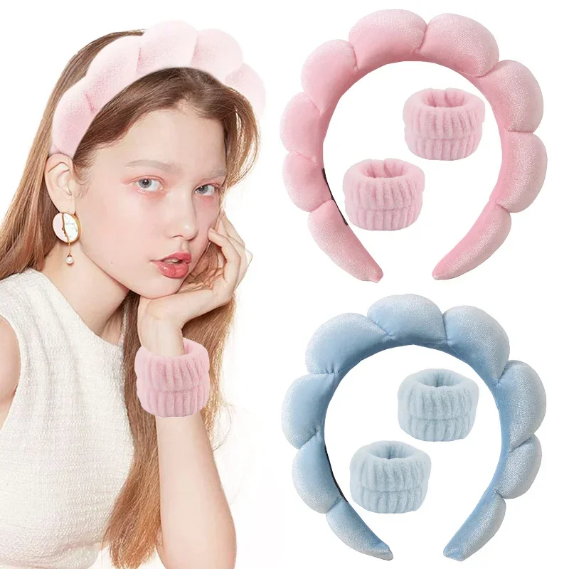 Sponge Spa Headband with Wristbands for Washing Face Wide Padded Headband Skin Care Makeup Removal Shower for Women Girls بلوزات