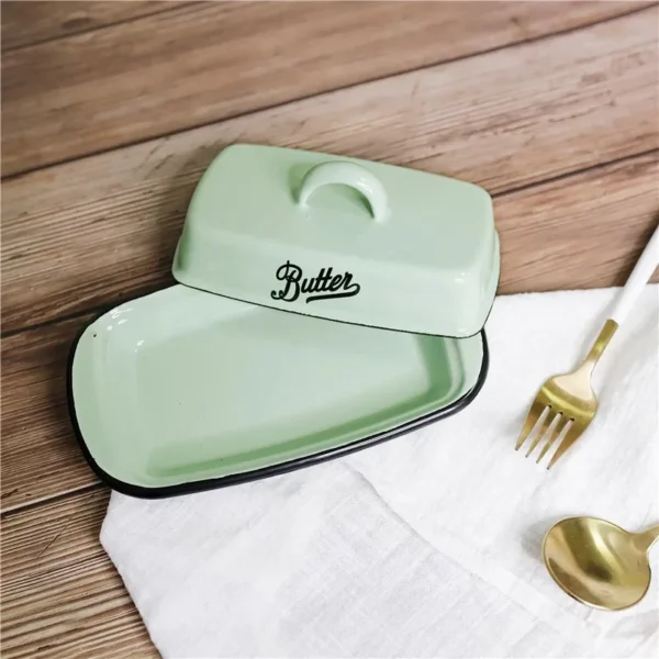 Retro Nostalgic Enamel with Lid Snack Tray Home Kitchen Tableware Butter Box Cheese Storage Box Butter Dish Cheese Plate - Image 2