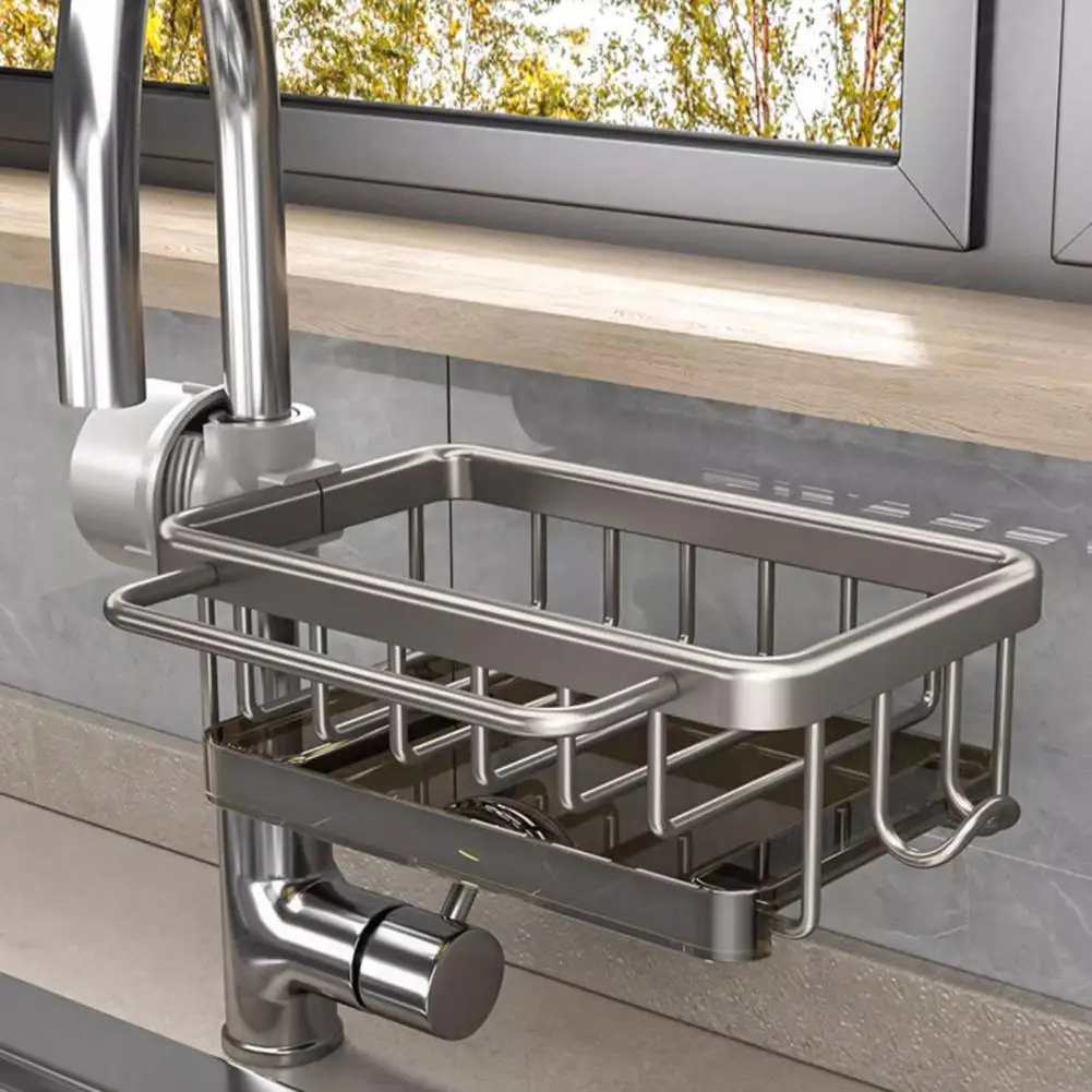 Faucet Drain Rack Sponge Dish Soap Holder Hanging Kitchen Organizer Rack with Hook Strong Load-bearing Kitchen Sink Organizer
