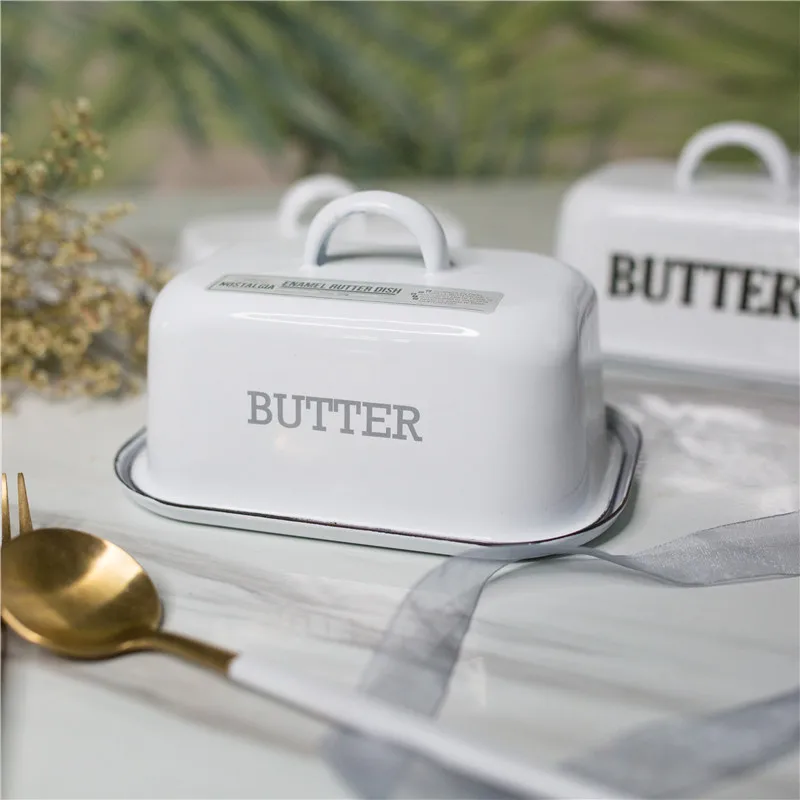 Enamel Butter Container Box Restaurant Sealed Storage Boxs Dessert Tray Cheese Box with Lid Butter Slicer Butter Dish Tableware
