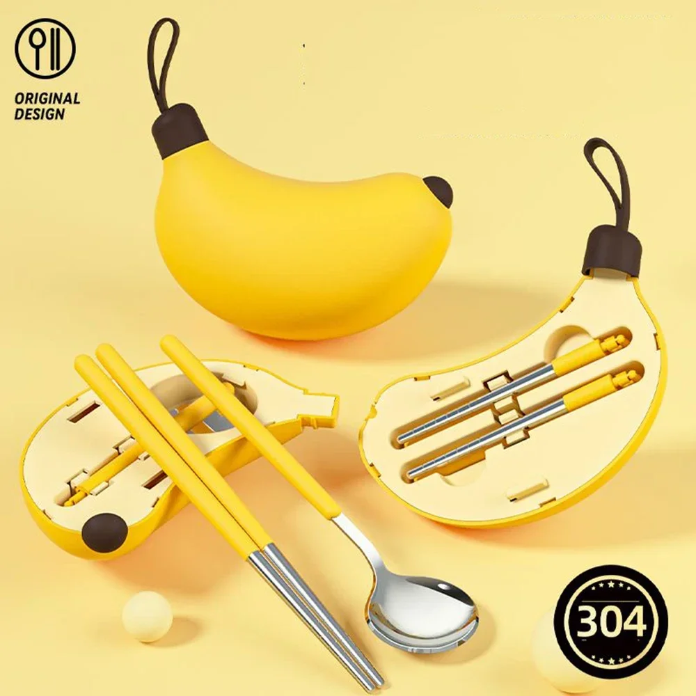 304 Stainless Steel Chopsticks Spoon Portable Folding Tableware Three-piece Set Banana Storage Box for Primary School Students
