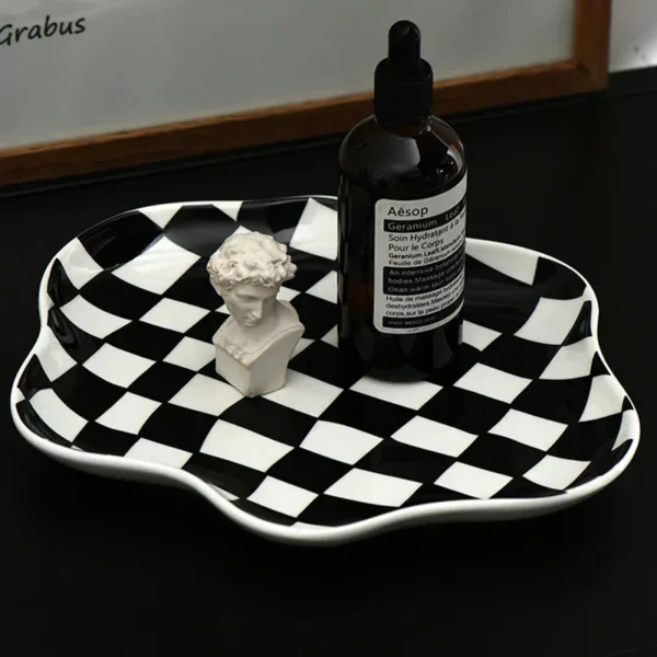 Nordic Chessboard Ceramic Plate Irregular Black and White Lattice Storage Tray Home Decoration Kitchen Supplies Retro Tableware - Image 3