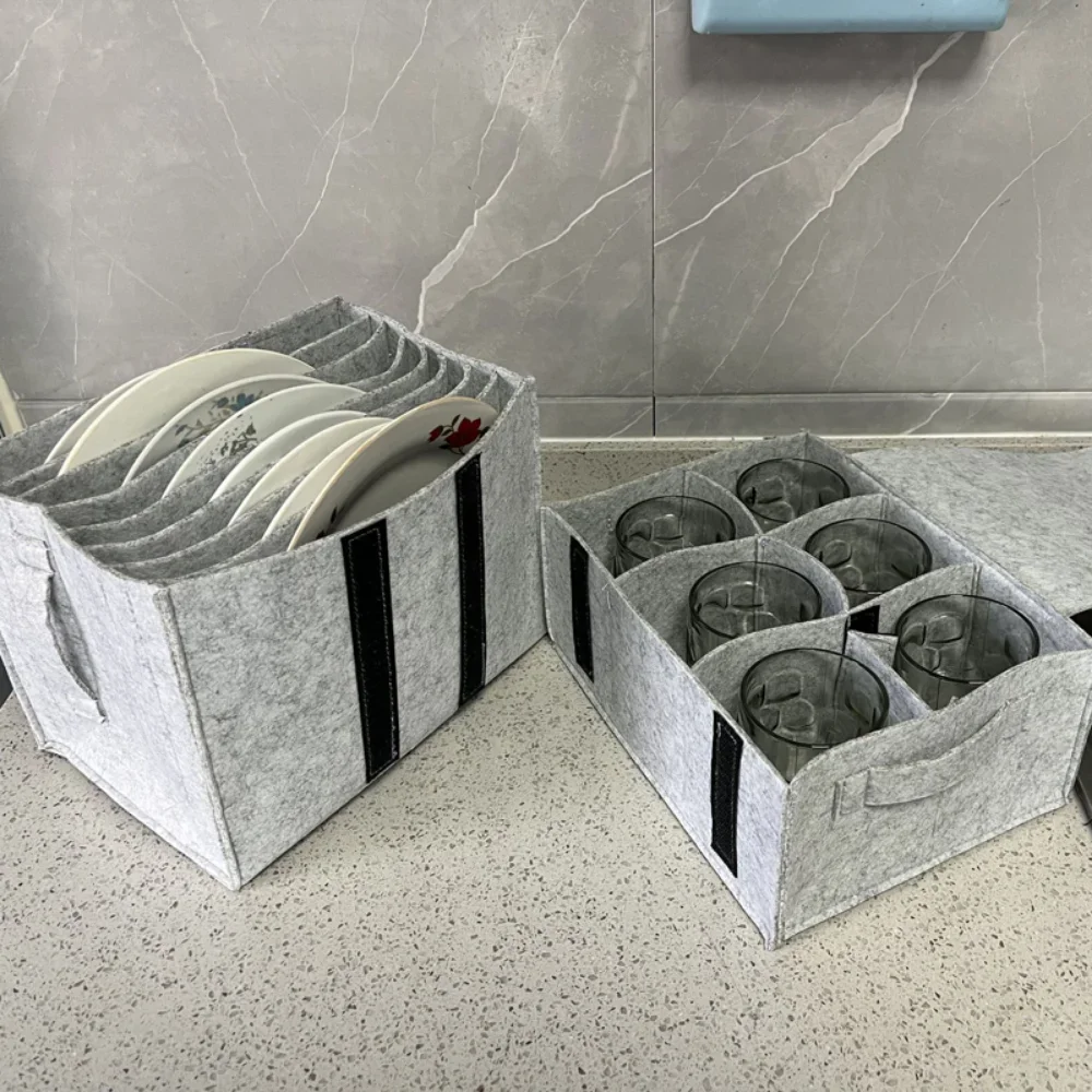 Felt Plate Dish Cup Storage Bag Holder Thicken Camping Tableware Containers Motorhome Kitchen Cupboard Layered Organization