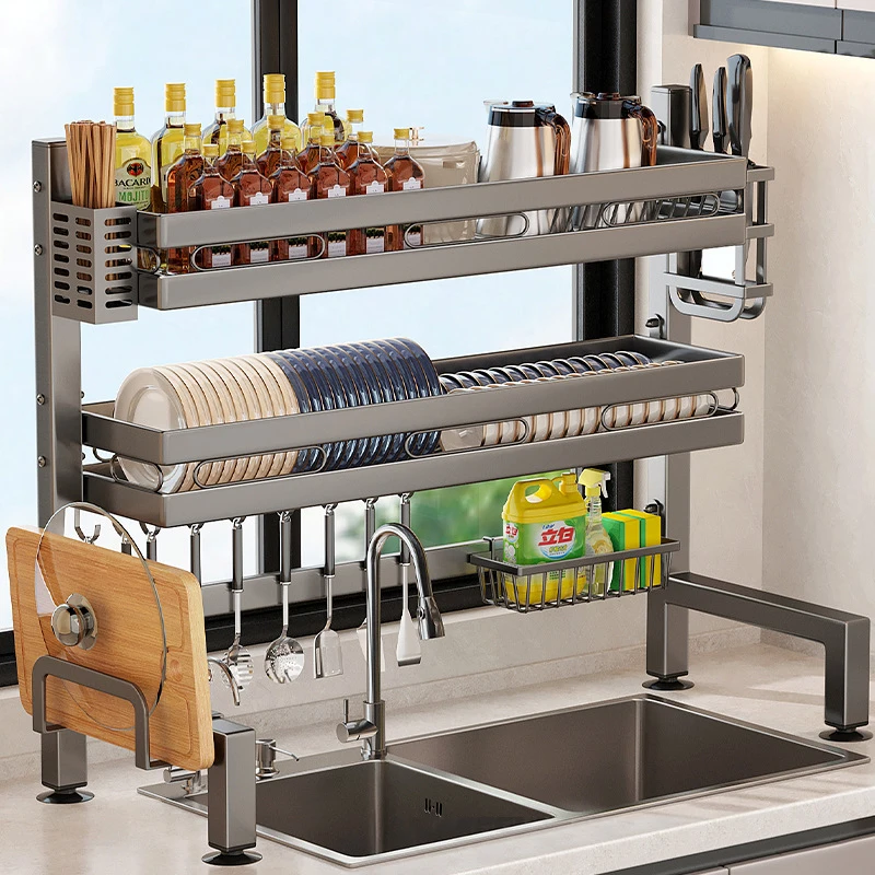 Kitchen Sink Dishwashing Double Layers Tablewares Storage Shelf Multi-functional Dish Drainer Countertop Organizer Accessories