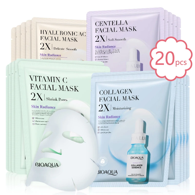 20pcs BIOAQUA Centella Collagen Face Mask VC Moisturizing Refreshing Sheet Masks Hyaluronic Acid Facial Mask Skin Care Products