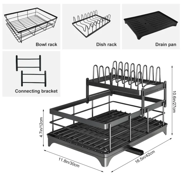 2-Tier Dish Drying Rack With Drainer Anti-Rust Kitchen Counter Tableware Drainboard Storage Organizer Supplies For Dishes - Image 5