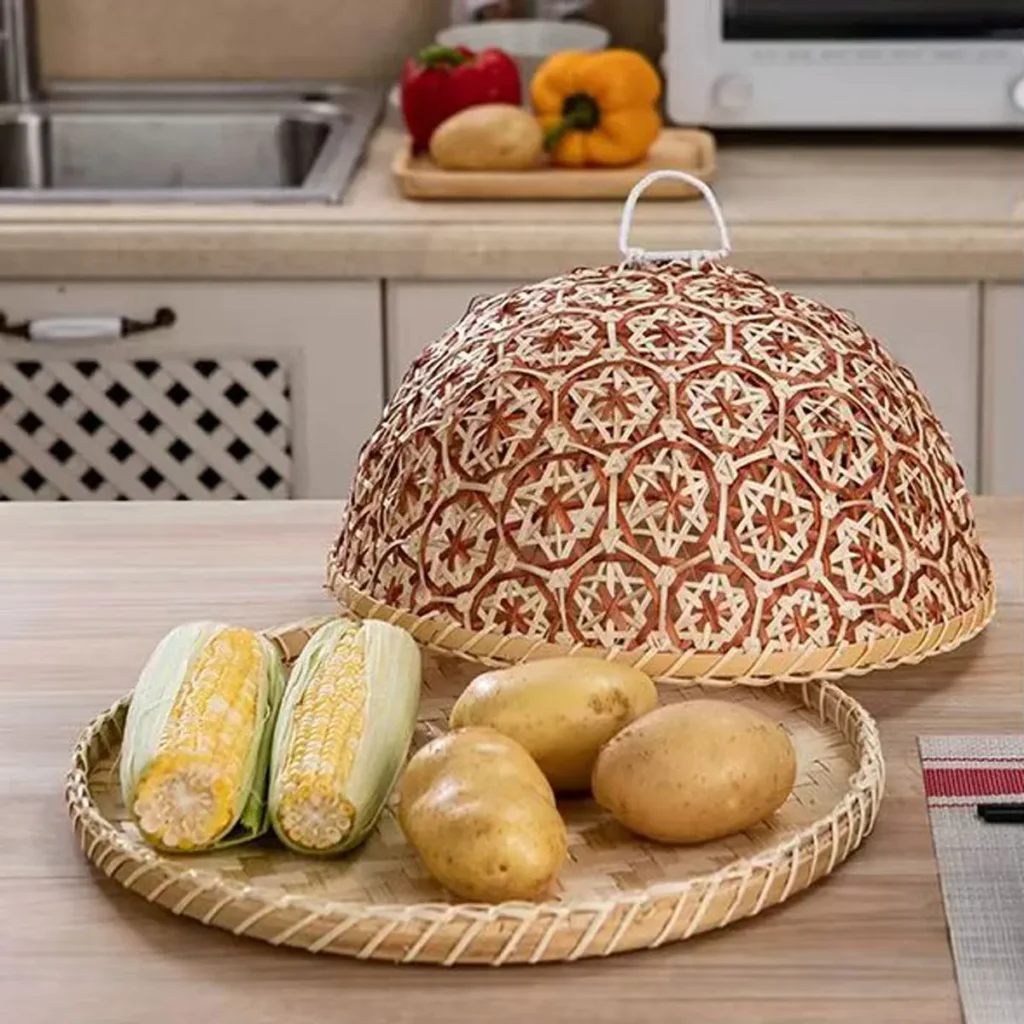 1pc 13.7inch red/blue natural bamboo woven food cover restaurant home table display fruit food fly cover