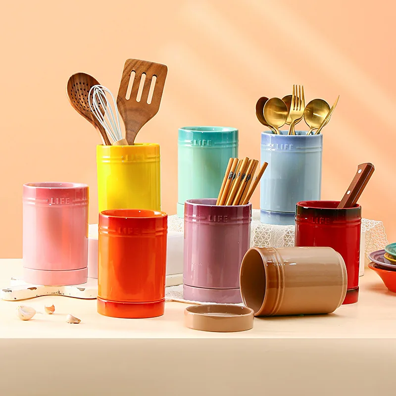 1 PCS Utensil Holder Canister Ceramic Kitchen Cutlery Organizer for Counter Porcelain Cooking Tableware Storage Drying Container